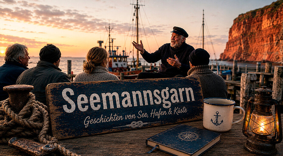 Erzählabend Seemannsgarn auf Helgoland – Geschichtenerzähler mit Seemannsmütze und Zuhörer im Hafen bei Sonnenuntergang, Helgoländer Klippen im Hintergrund