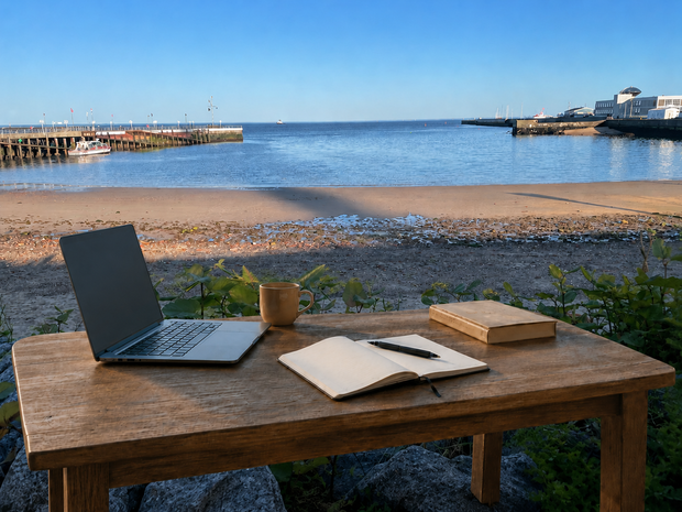 Am Südstrand von Helgoland steht ein Schreibtisch. Darauf befinden sich Laptop, Kaffeebecher, Stift und Notizbuch (KI-Visualisierung).